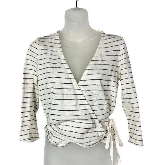Max Studio White & Black Stripe Wrap Front Long Sleeve Blouse S - Picture 2 of 5